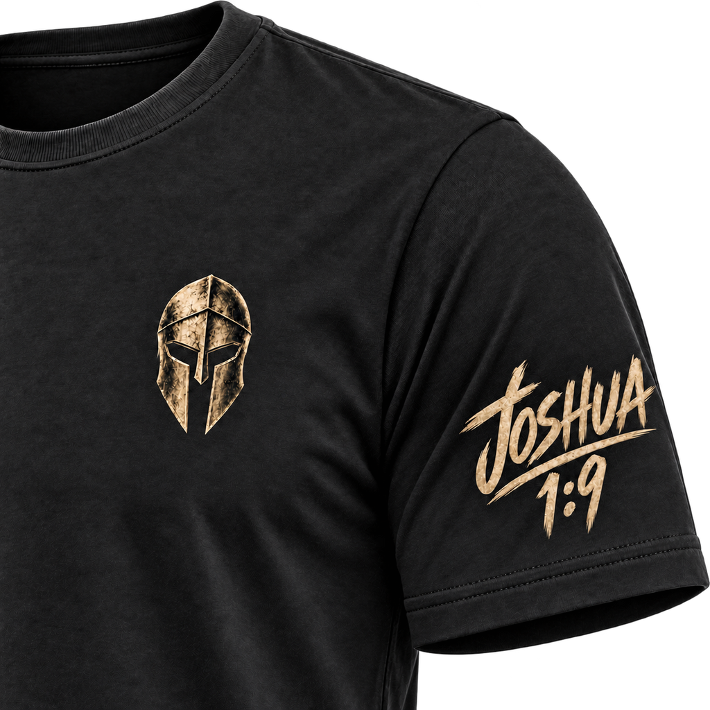 Black Rak Chazak tee, left sleeve Joshua 1:9 detail