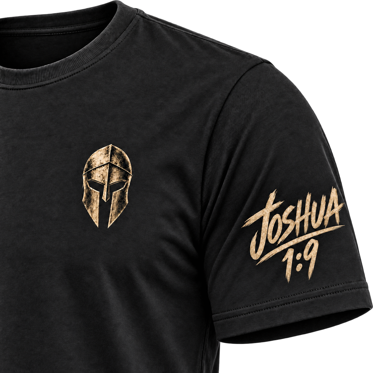 Black Rak Chazak tee, left sleeve Joshua 1:9 detail