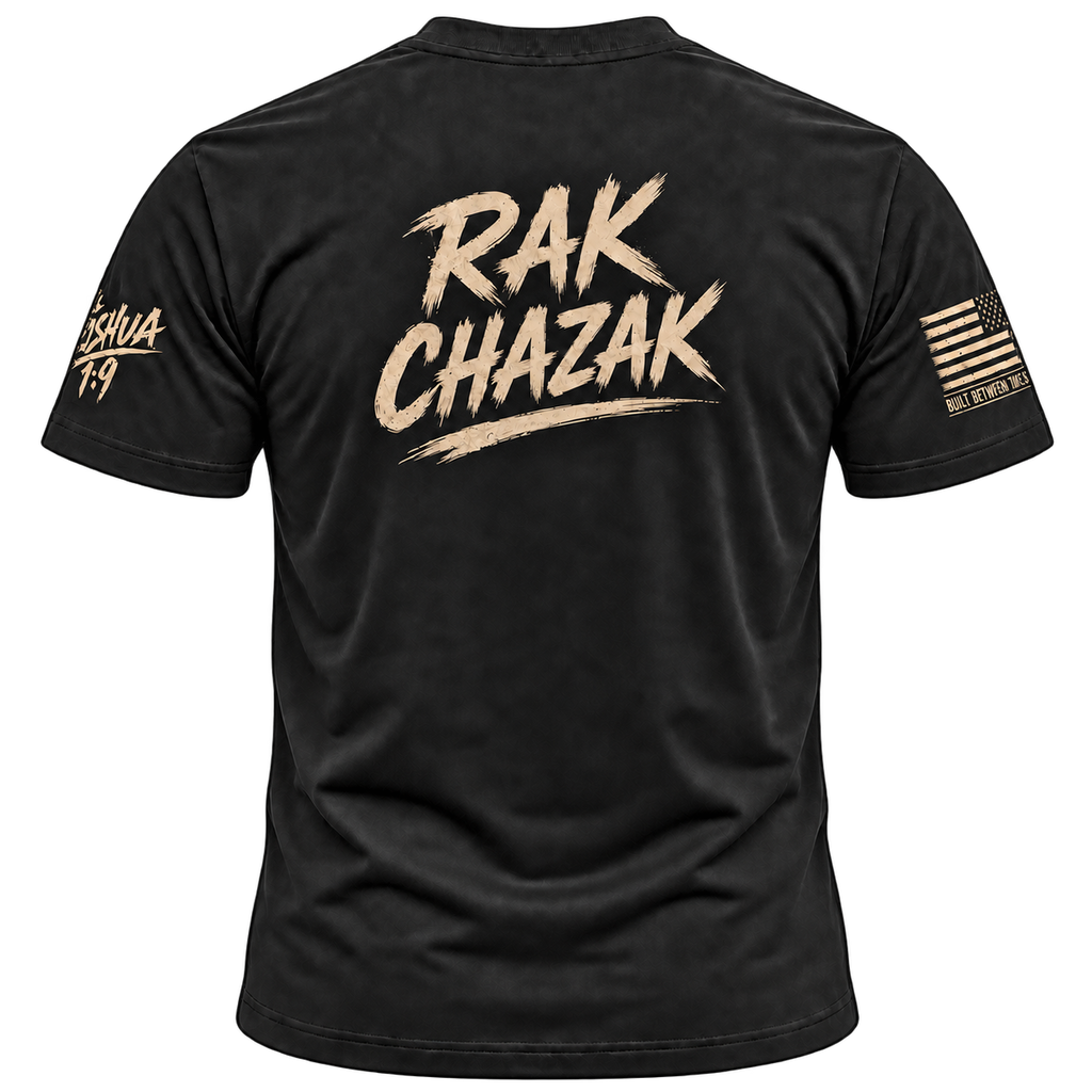 Black Rak Chazak tee, back with matching beige lettering and sleeve graphics