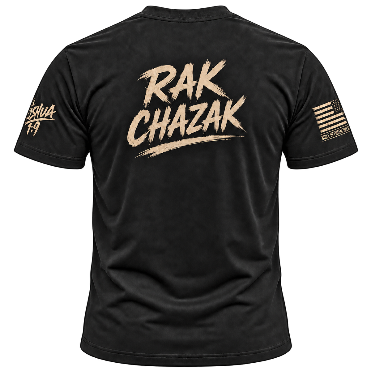 Black Rak Chazak tee, back with matching beige lettering and sleeve graphics
