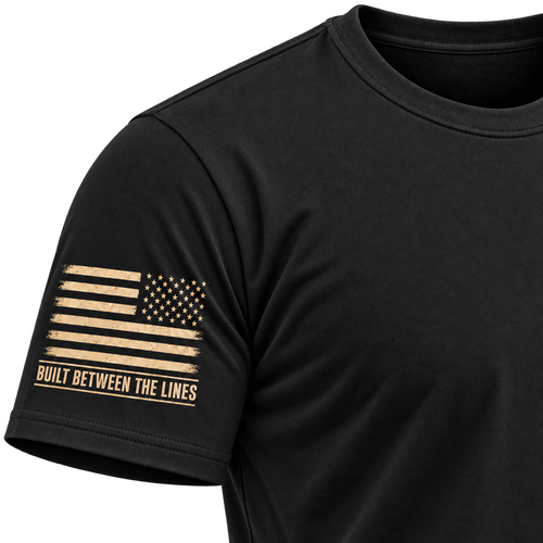 Black Rak Chazak tee, fresh right sleeve American flag detail