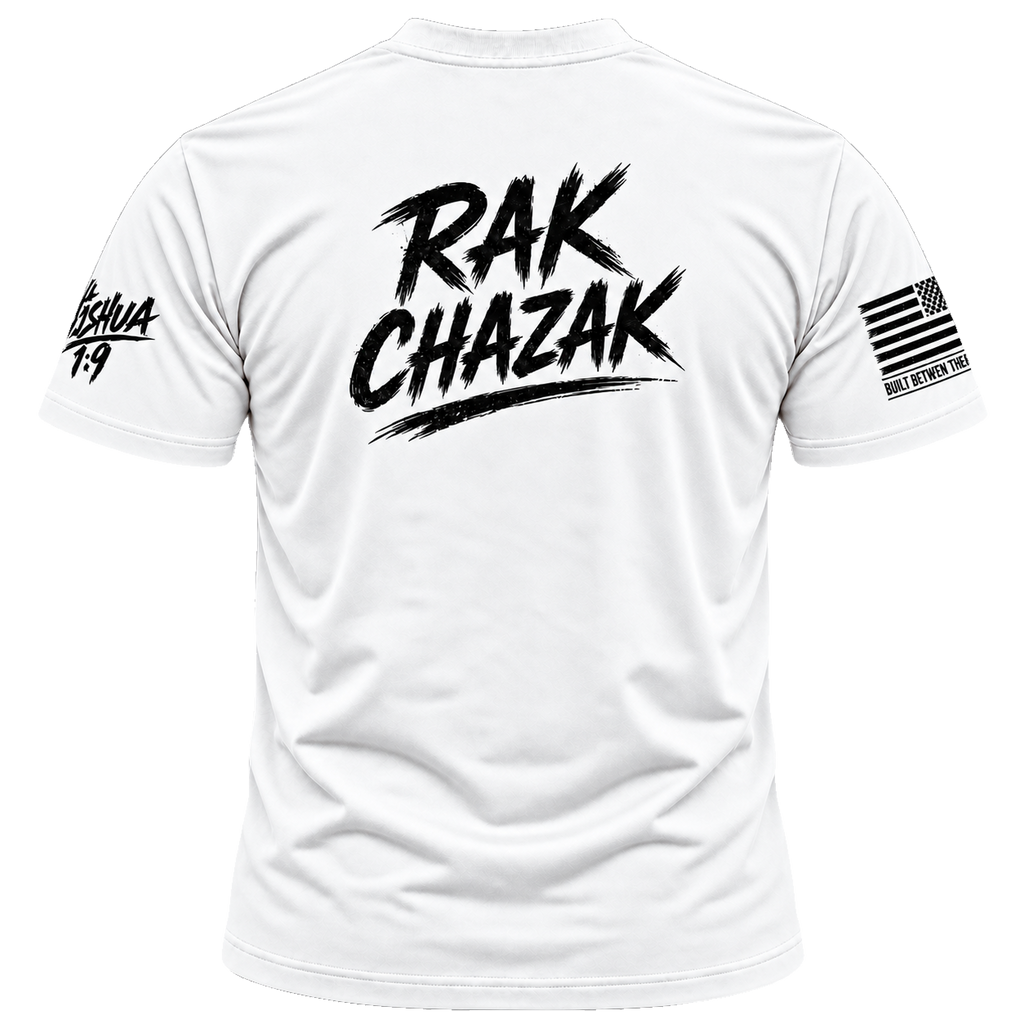 White Rak Chazak athletic tee, back view