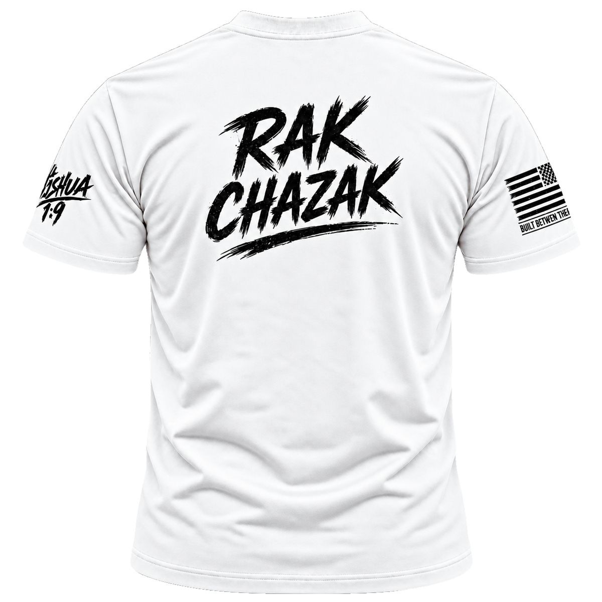 White Rak Chazak athletic tee, back view