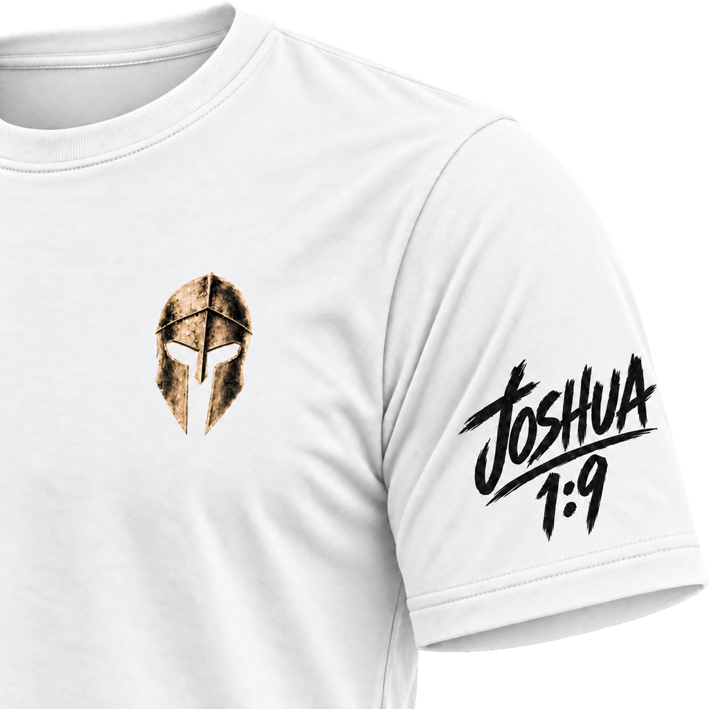 White Rak Chazak athletic tee, left joshua view
