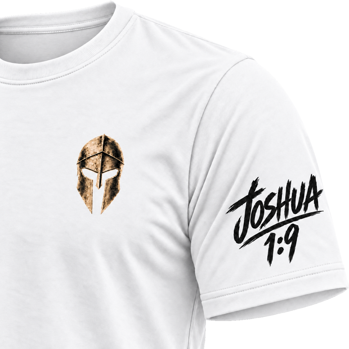 White Rak Chazak athletic tee, left joshua view